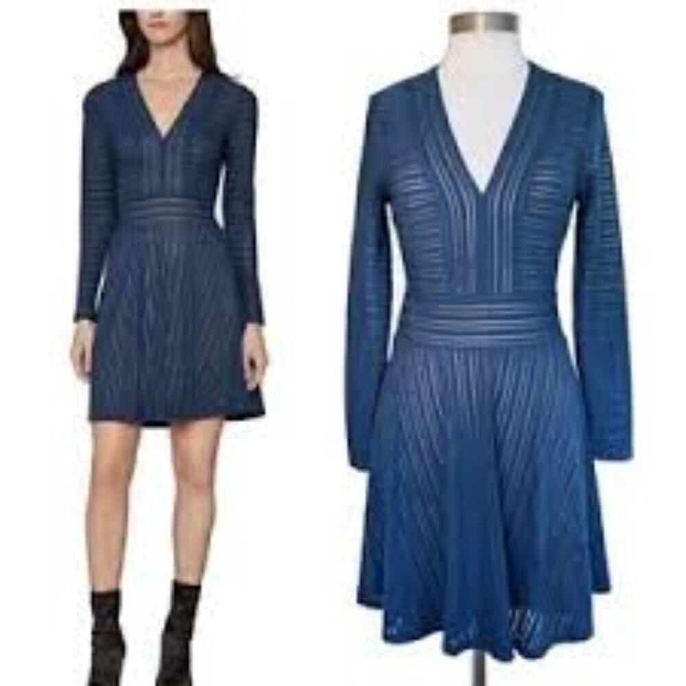 BCBGMAXAZRIA WOMEN MINI MIDNIGHT BLUE TONAL FLARE DRESS SIZE SMALL NWT